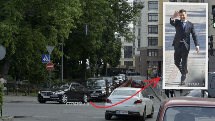 Кортеж президента Зеленского выезжает с парковки дома-монстра на Грушевского, фото: Аркадий Манн,