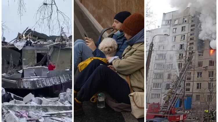 Последствия авиаудара по Сумам, люди в убежищах и пожары в Харькове. Коллаж