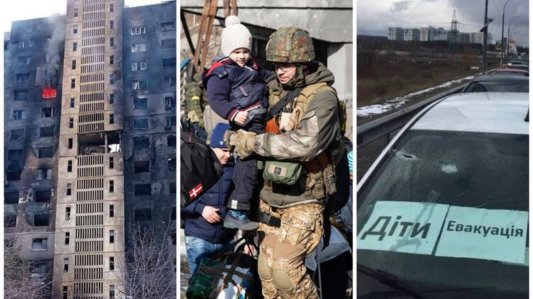 Последствия авиаудара в Харькове и эвакуация детей. Коллаж
