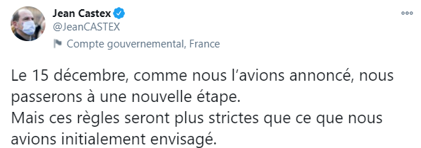 Франция объявила комендантский час с 15 декабря. Он будет действовать и на Новый год. Скриншот: Кастекс в Твиттере