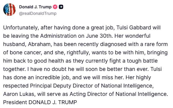 Снимок сообщения наtruthsocial.com &ndash; Трамп подтвердил уход Тулси Габбард с должности главы разведки США