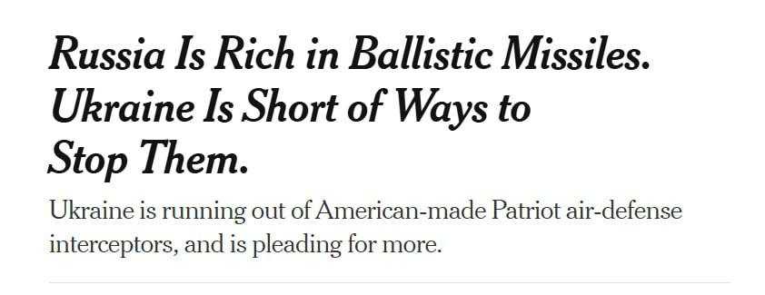 Знімок заголовка на nytimes.com – Україна відчуває дефіцит засобів ППО для захисту від ракетних атак Росії