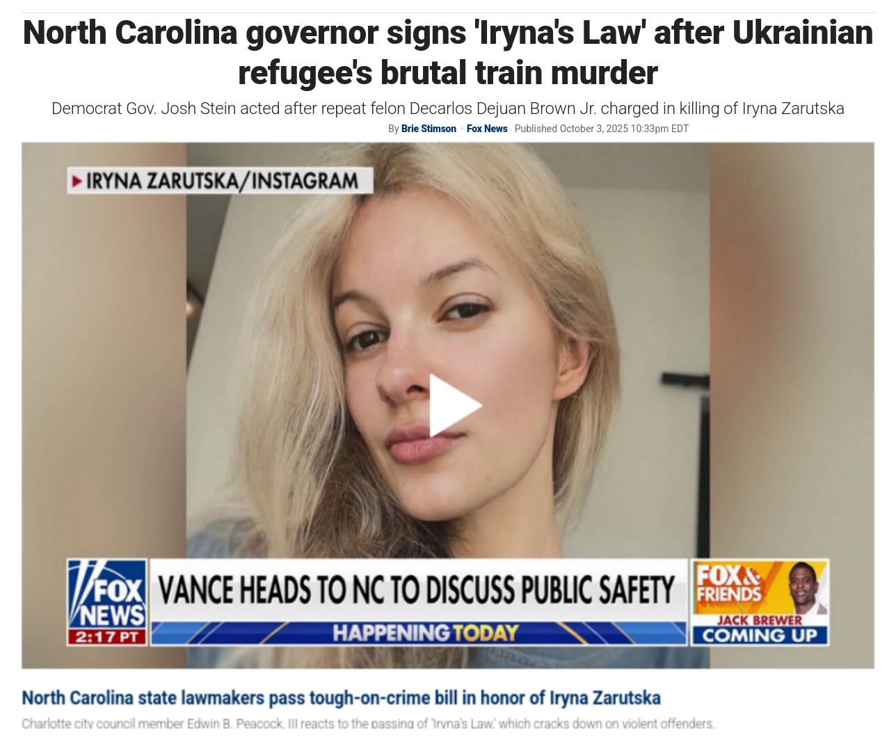 Знімок заголовка на foxnews.com/politics/north-carolina-governor-signs-irynas-law-after-ukrainian-refugees-brutal-train-murder