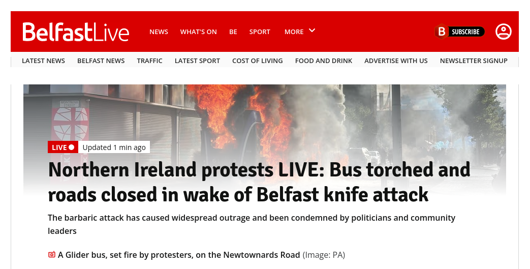 Знімок заголовка на belfastlive.co.uk &ndash; У Белфасті антимігрантські протести після нападу мігранта з Судану